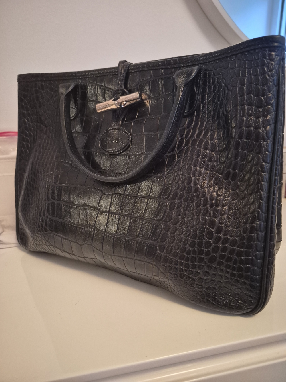 Longchamp Black Croc-Embossed Leather Tote with Silver Hardware